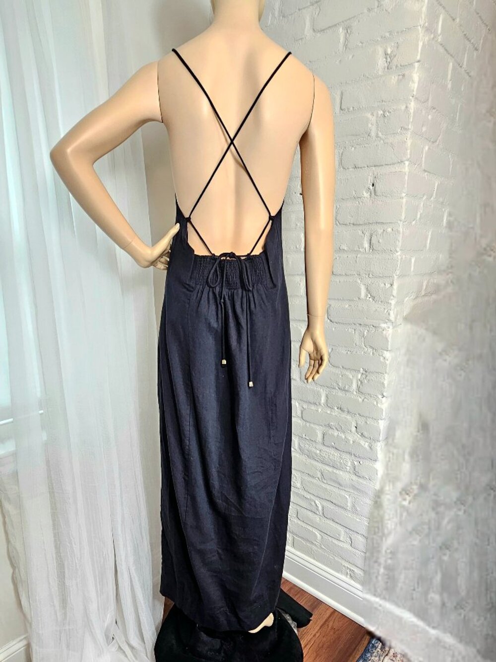 Free People Black Linen Button Front Maxi Dress Size L NWT Crossback - Picture 6 of 13